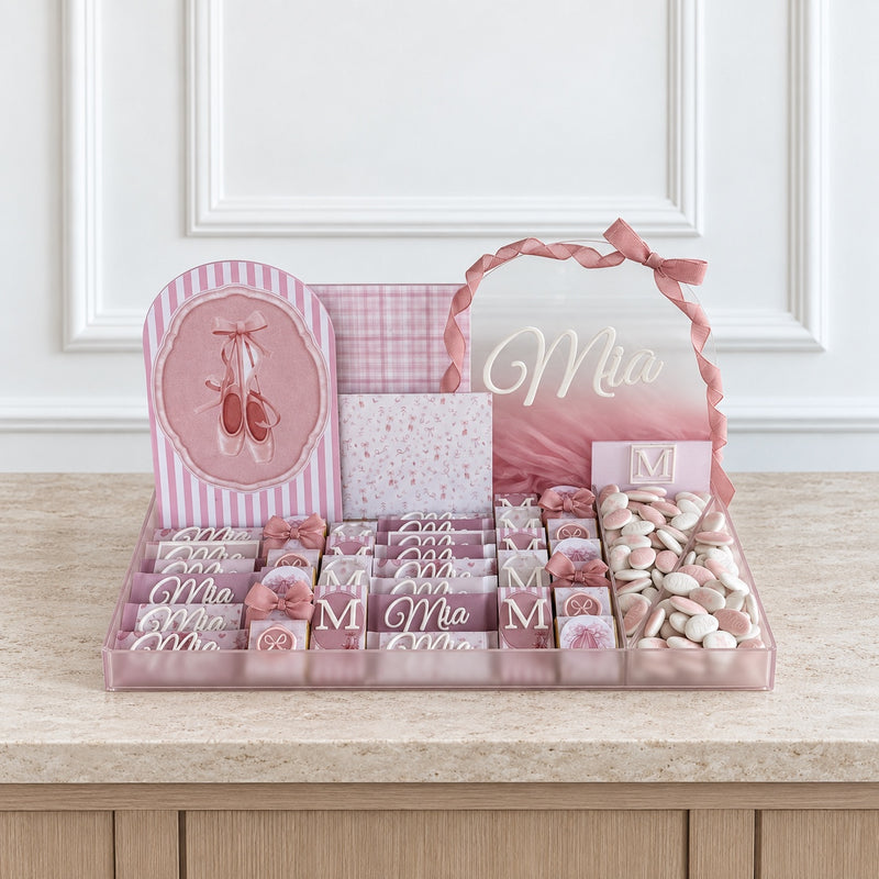 The Little Ballerina personalized chocolate tray, shown with the name Mia