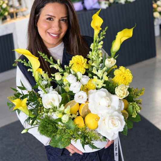 Amalfi - Lemon & White Blooms, held, the full arrangement
