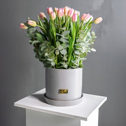 Elegant Pink Tulips & Eucalyptus in Signature Lelili Pot (20 Stems)
