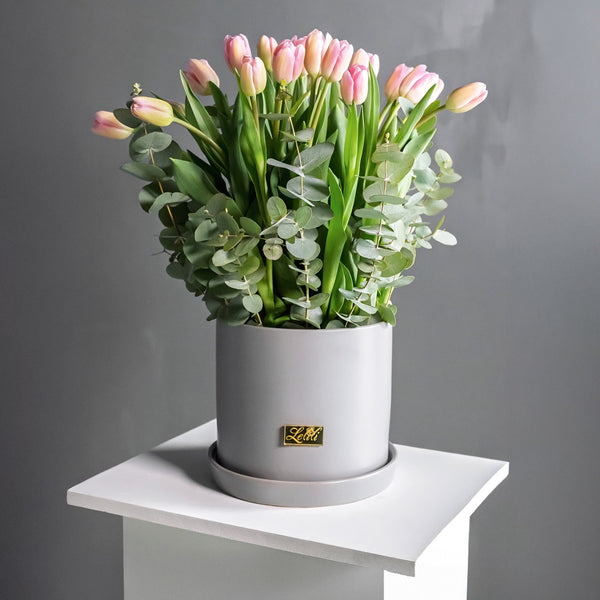 Elegant Pink Tulips & Eucalyptus in Signature Lelili Pot (20 Stems)