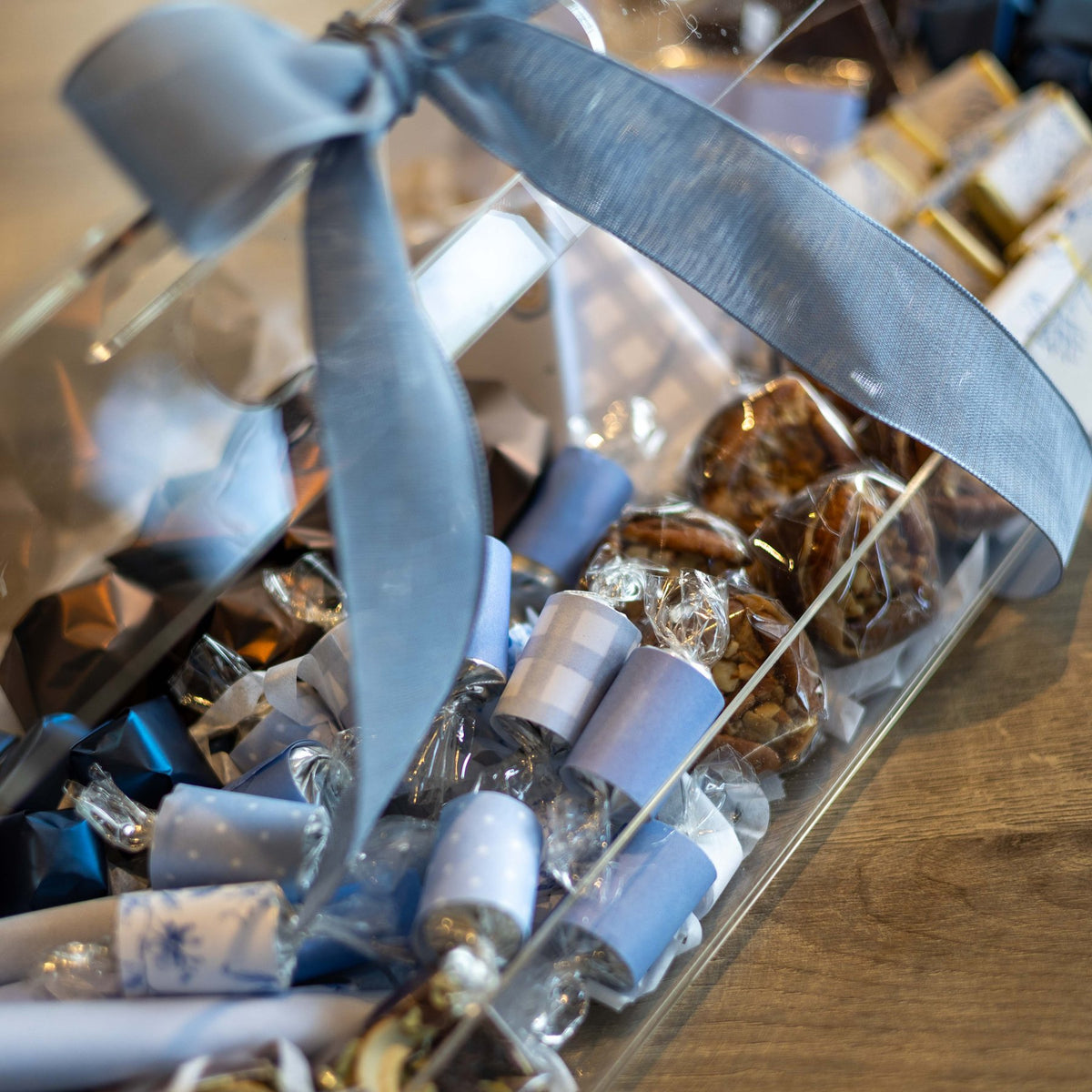 The Blue Toile Tray, the dusty blue bow and the chocolate arrangement