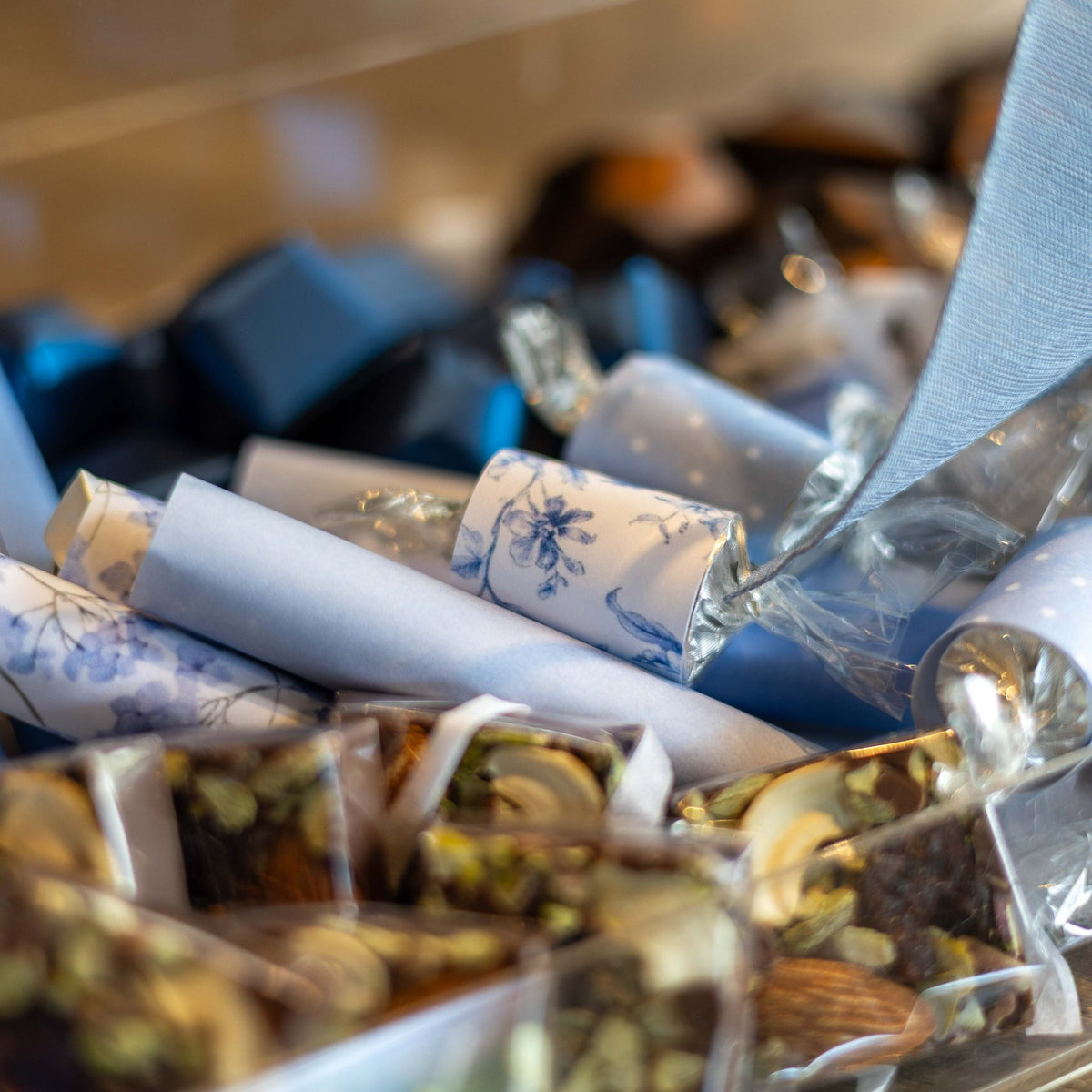 The Blue Toile Tray, close view of the pistachio bark and the toile wrapped batons