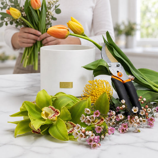 Designer's Choice with Vase: a Lelili florist arranging tulips behind the round white Lelili pot