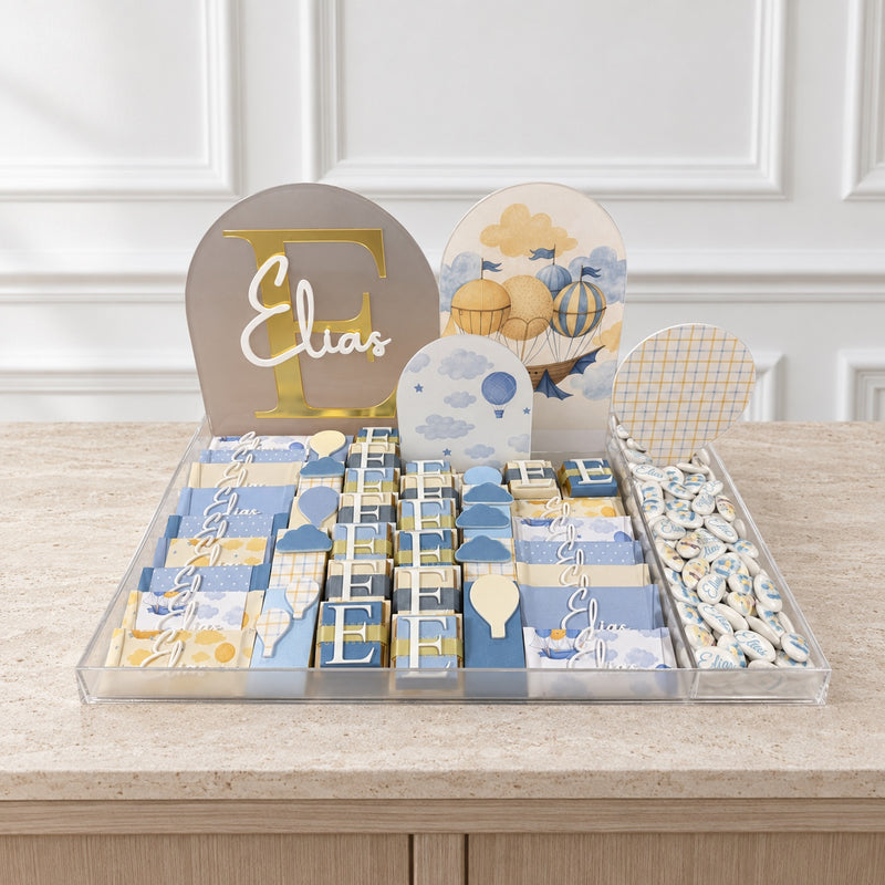 The Hot Air Balloon personalized chocolate tray, shown with the name Elias