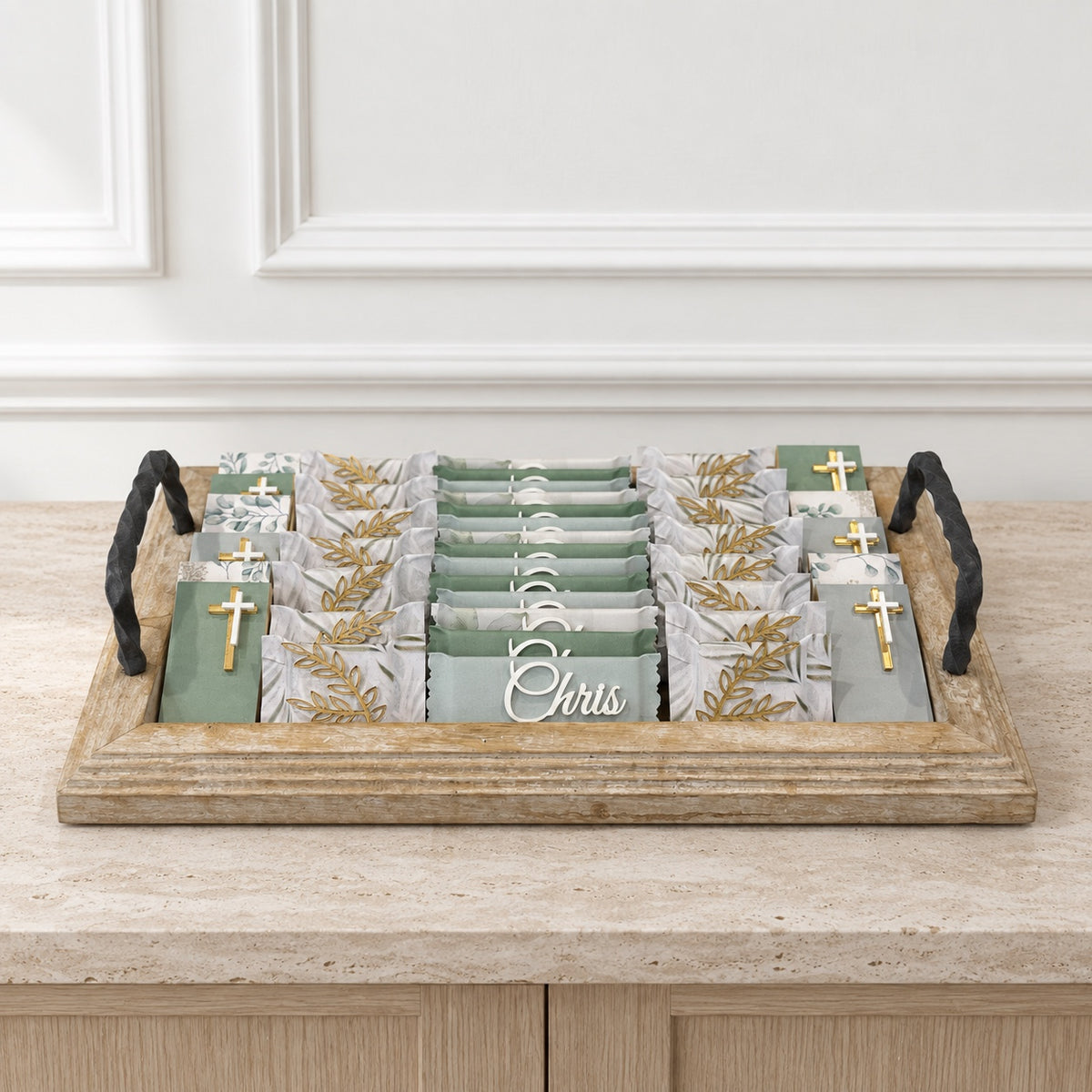 The Sage Blessing personalized chocolate tray, shown with the name Chris