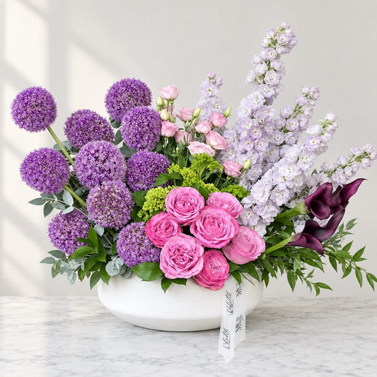 The Allium Garden Arrangement, the full arrangement in its white ceramic bowl